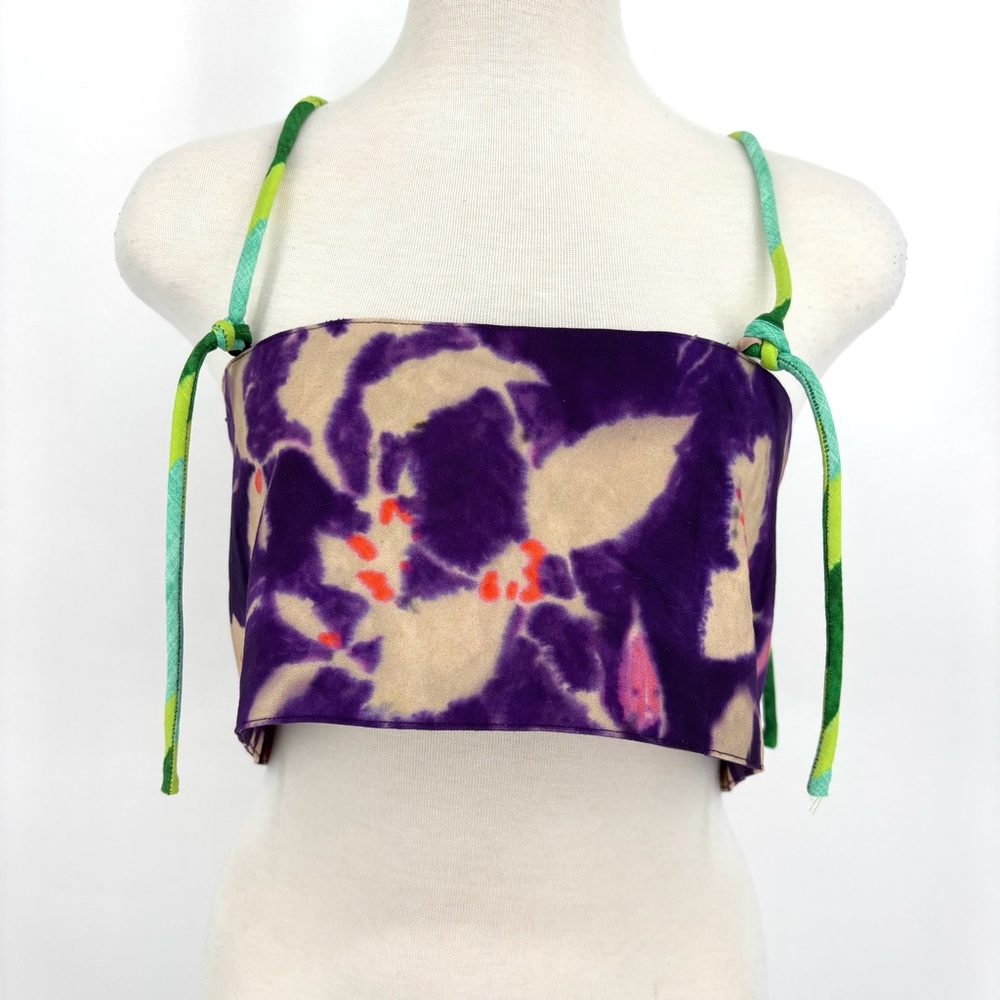 Zara NWOT Purple Floral Patterned Linen Blend Cropped Halter Top, Small